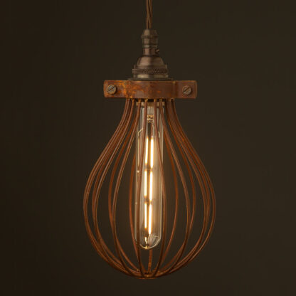 Whisk Shaped Antiqued Cage Pendant and filament led bulb