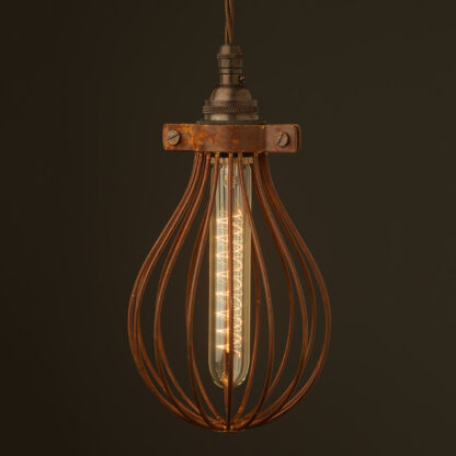 Whisk Shaped Antiqued Cage Pendant and vintage spiral tube bulb