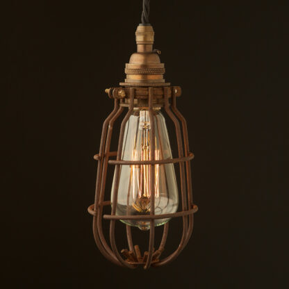 Antique brass socket enclosed cage pendant rusty cage