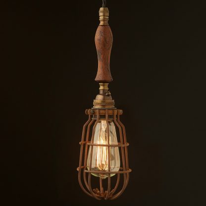 Brass Trouble Light Cage Pendant wooden handle enclosed cage