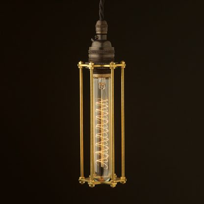 Bronze socket tube cage pendant with brass shade