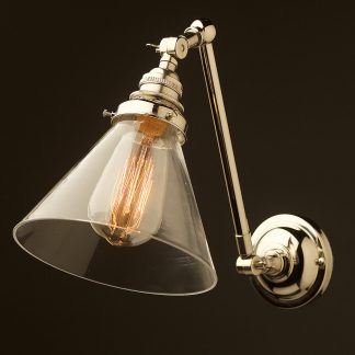 Nickel Adjustable arm wall sconce clear glass cone