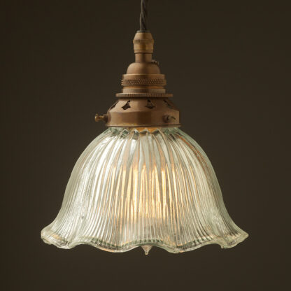 Medium fluted holophane glass Pendant Antique brass