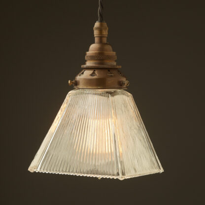 Small Box shaped holophane glass Pendant Antique Brass