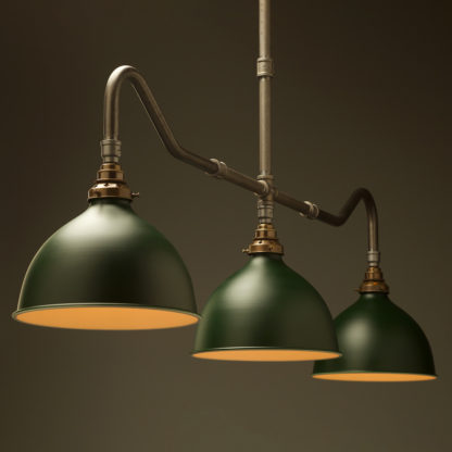 Plumbing Pipe Billiard table light raw steel with green dome shades