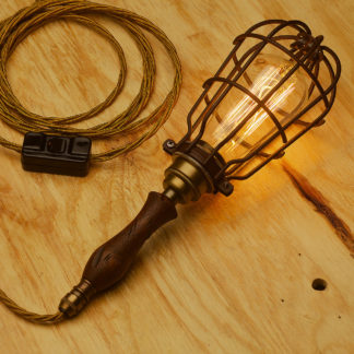 Antique Brass Trouble Light Wooden Handle Antiqued cage
