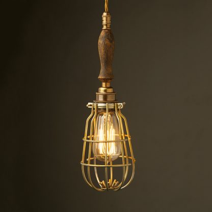 Brass Trouble Light Cage Pendant wooden handle