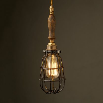 Brass Trouble Light Cage Pendant wooden handle