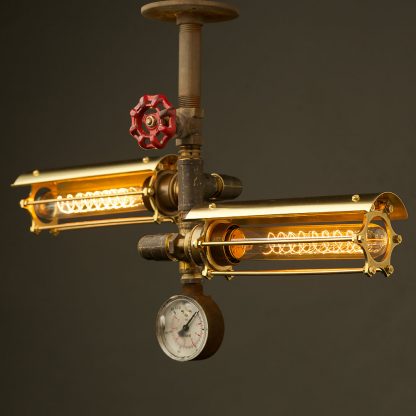 Industrial Brass Twin Cage Tube Ceiling Light angled