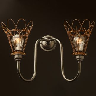 Brass twin cage doncaster bend wall light rusted cages