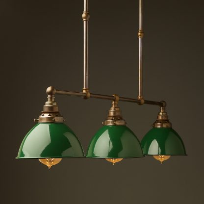 Antique Brass 3 Lamp Billiard table light green dome shade
