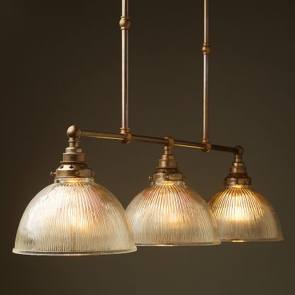 Antique Brass 3 Lamp Billiard table light holophane dome