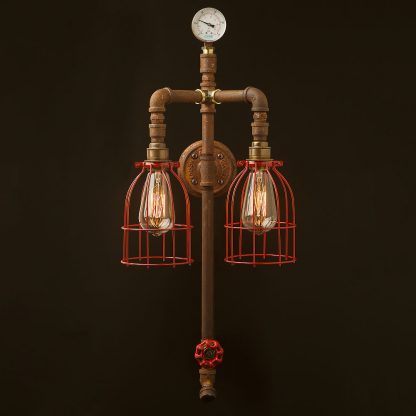 Twin bulb vertical plumbing pipe wall light Edison Vintage red cage