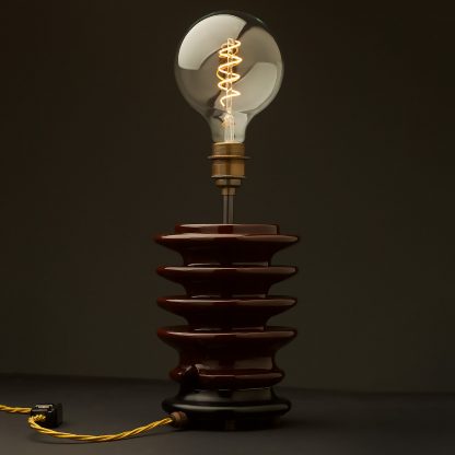 Vintage brown ceramic high tension insulator table lamp spiral LED