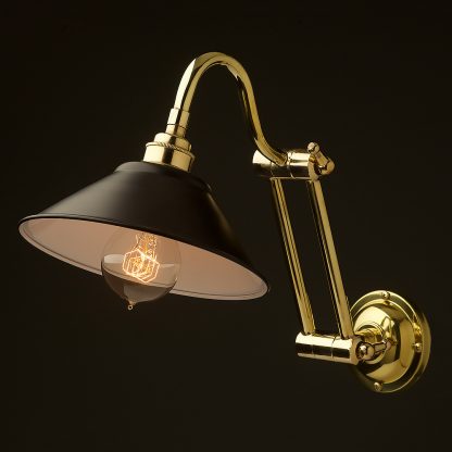 Two bend adjustable solid brass arm wall light black 190mm shade