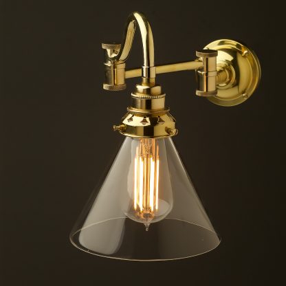 Horizontal bend adjustable solid brass arm wall light clear glass cone