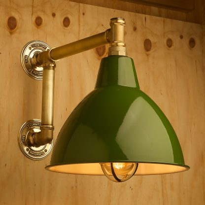 Large outdoor brass plumbing pipe straight arm wall shade green
