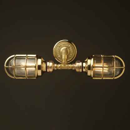 Outdoor solid brass plumbing pipe twin bunker cage wall light