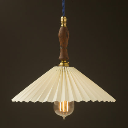 Antiqued wooden handle pleated paper shade pendant new brass hardware