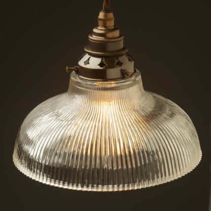 Medium Holophane glass dish light shade pendant antique brass