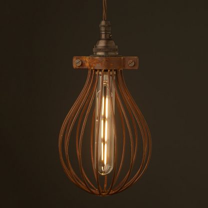 Whisk Shaped Antiqued Cage Pendant and filament led bulb