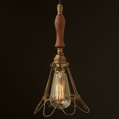 Brass Trouble Light Cage Pendant wooden handle antiqued cage